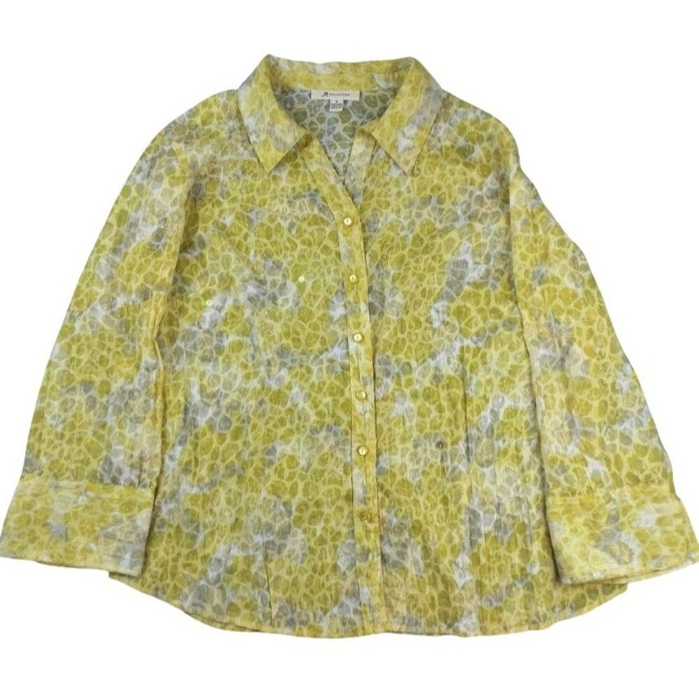 Women's Yellow Button Down Cheetah Blouse V-Neck Top Semi Sheer size 16    JH878